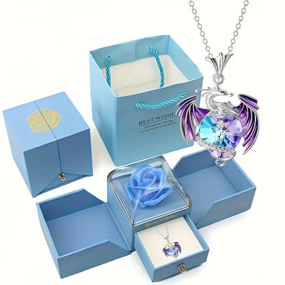 Elegant Dragon Pendant Necklace with Blue Rose Gift Box – Stylish Alloy Jewelry for Her