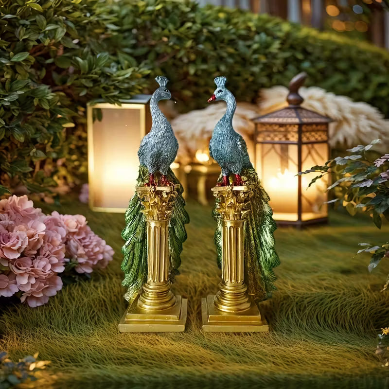 Pair of Elegant Resin Peacock Figurines with Gold Accents – Indoor & Outdoor Decor