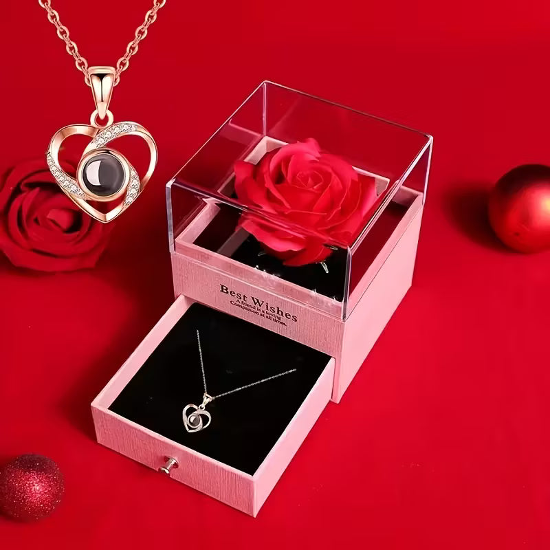 Preserved Rose Gift Box with 'I Love You in 100 Languages' Necklace – Perfect for Any Occasion