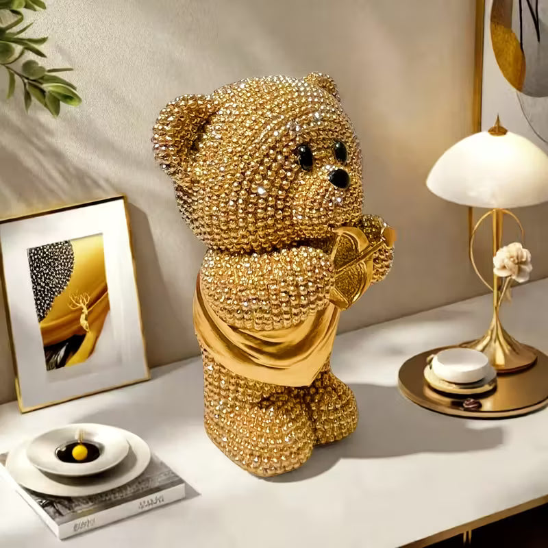 Golden Teddy Bear with Cupid’s Arrow – Elegant Resin Tabletop Decor & Gift