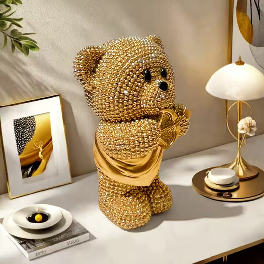 Golden Teddy Bear with Cupid’s Arrow – Elegant Resin Tabletop Decor & Gift