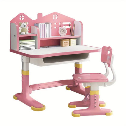 Adjustable Kids Study Desk & Chair Set – Pink Castle Design with Storage