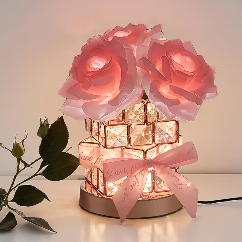 USB LED Rose Lamp – 3-Color Dimmable Light with Crystal Base & Heart Ribbon