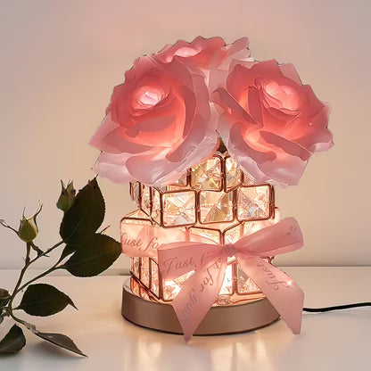 USB LED Rose Lamp – 3-Color Dimmable Light with Crystal Base & Heart Ribbon