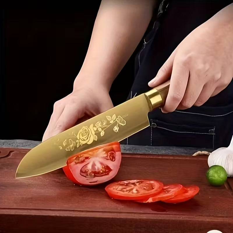 Golden Stainless Steel Kitchen Knife Set – Elegant Wood Handle & Premium Blades