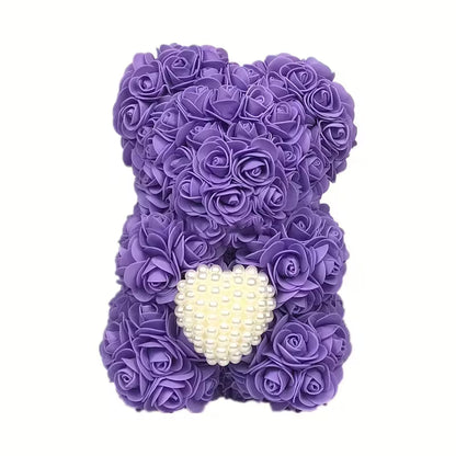 Artificial Rose Flower Bear – Pearl Heart Eternal Rose Gift (No Box)