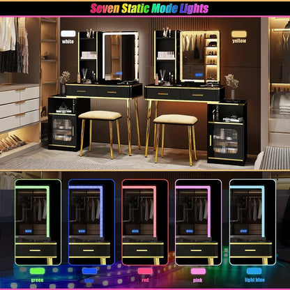 RGB LED Vanity Desk Set with Mirror & Charging Station – Black with Gold Accents