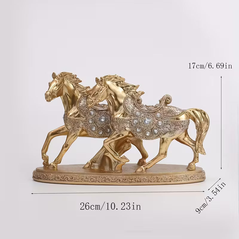 Luxury Golden Double Horse Statue – Crystal Resin Sculpture for Home & Office