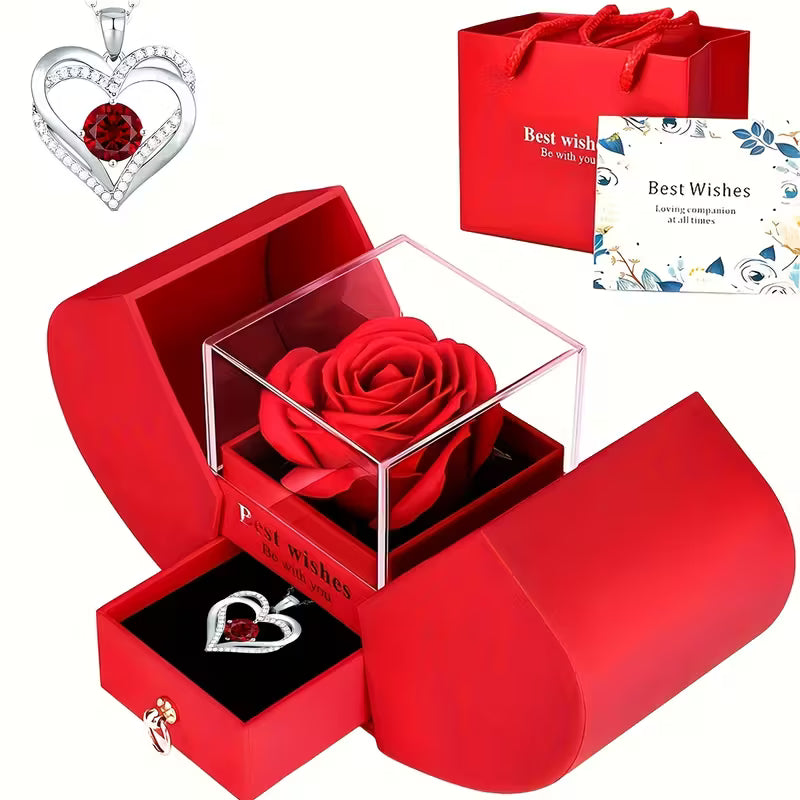Elegant Red Rose & Heart Pendant Necklace with Gift Box – Romantic Jewelry Gift