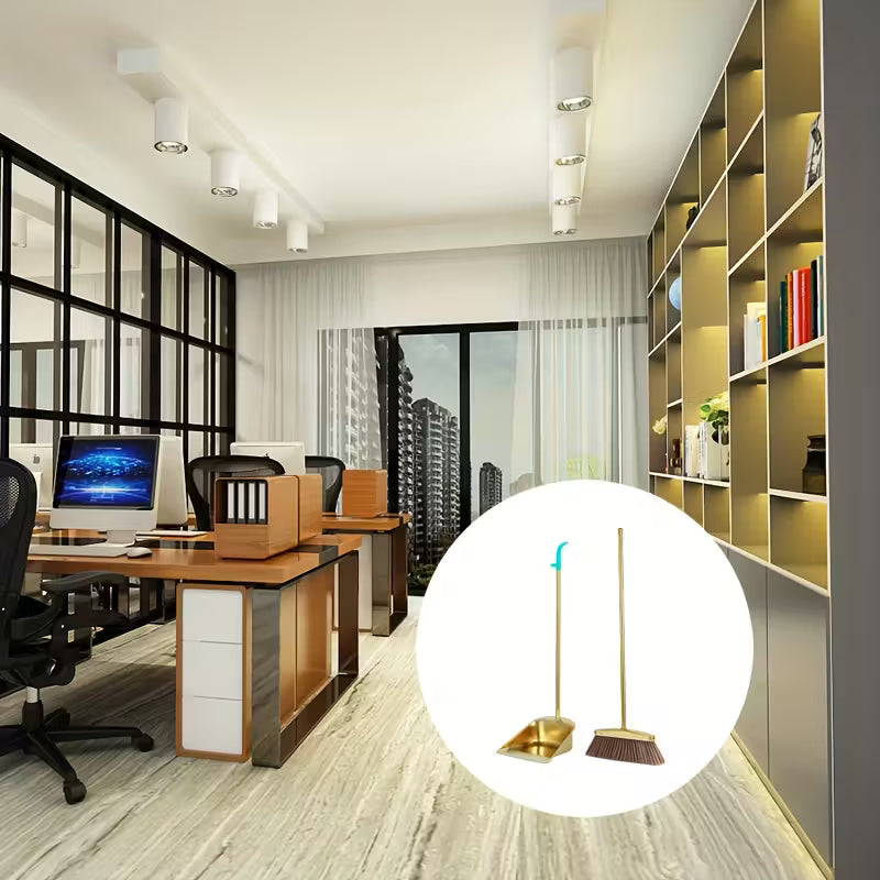Golden Stainless Steel Broom & Dustpan Set – Upright Design with Hair Removal Feature