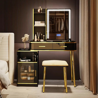 RGB LED Vanity Desk Set with Mirror & Charging Station – Black with Gold Accents