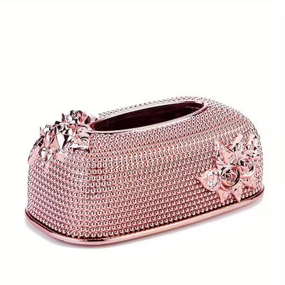 Elegant Floral Tissue Box Cover – Pink Rose Design with Crystal & Gold Accents