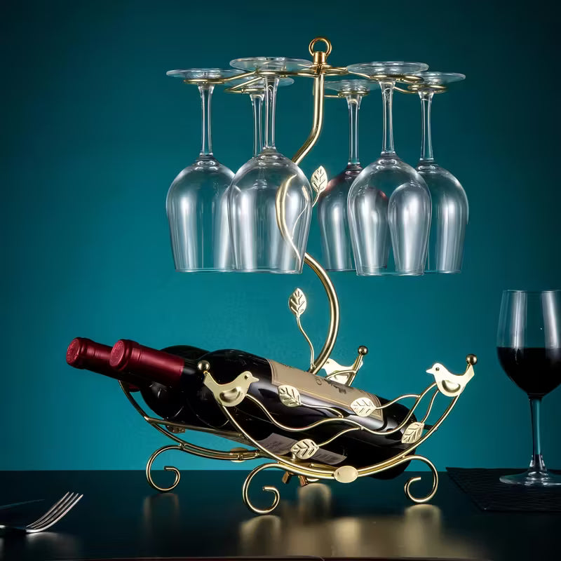 Golden Wine Rack with Glass Holder – Holds 2 Bottles & 6 Glasses