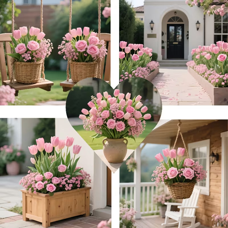 38pcs Artificial Rose, Tulip & Gypsophila Bouquet – Realistic Year-Round Floral Decor