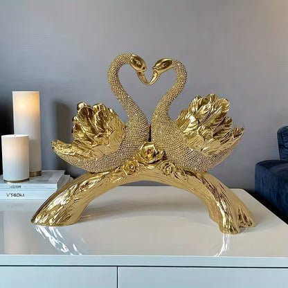 Golden Double Swan Figurine – Diamond & Rose Accented Resin Decor, Elegant Gift
