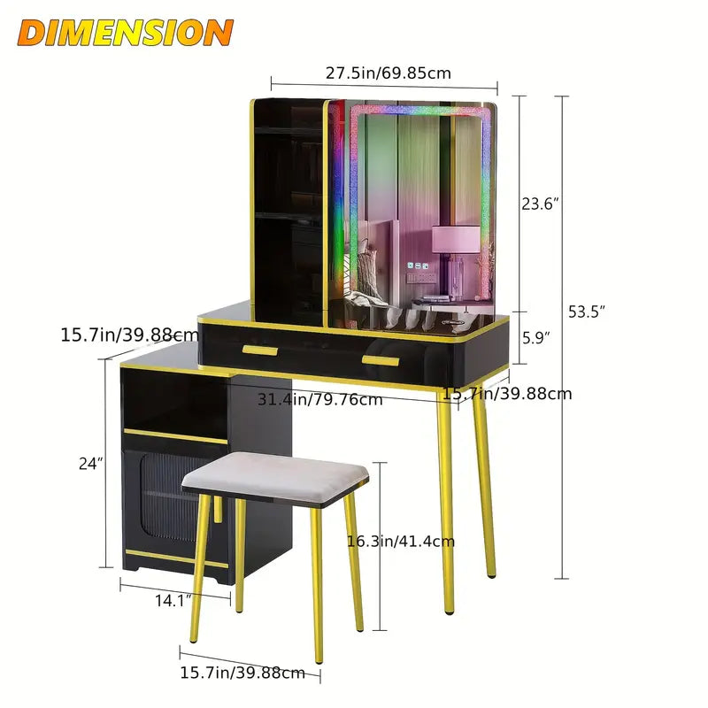 RGB LED Vanity Desk Set with Mirror & Charging Station – Black with Gold Accents