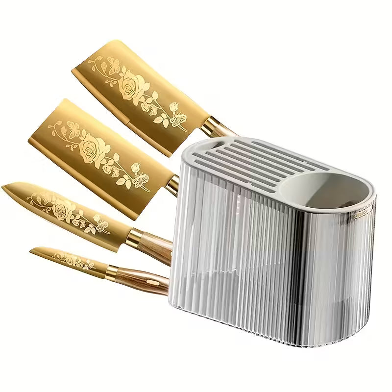 Golden Stainless Steel Kitchen Knife Set – Elegant Wood Handle & Premium Blades