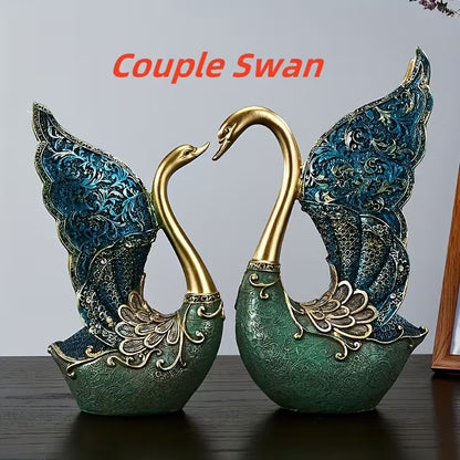 Hand-Painted Couple Swan Resin Ornaments – Romantic Home & Office Decor