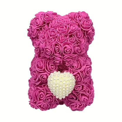 Artificial Rose Flower Bear – Pearl Heart Eternal Rose Gift (No Box)