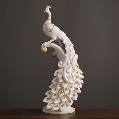 Modern White Peacock Figurine – Hand-Painted Resin Wedding & Holiday Decor