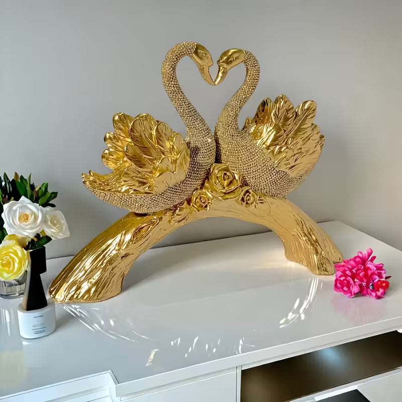 Golden Double Swan Figurine – Diamond & Rose Accented Resin Decor, Elegant Gift
