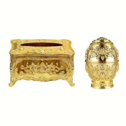 2pcs Elegant Golden Tissue Box & Toothpick Holder Set – Embossed Rose Design
