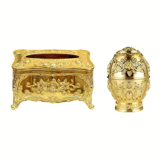 2pcs Elegant Golden Tissue Box & Toothpick Holder Set – Embossed Rose Design