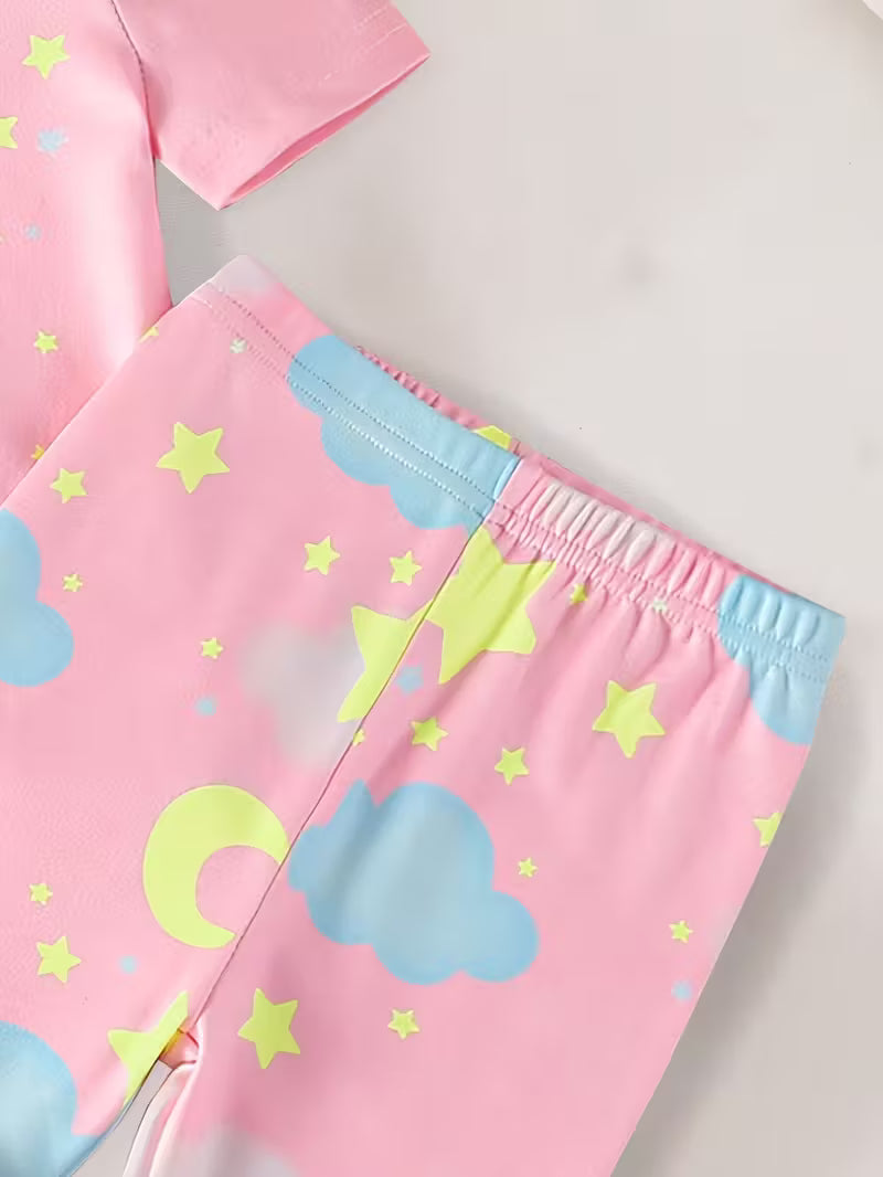 Girls Pink Bear & Moon Pajama Set – 2pcs Short Sleeve Top & Long Pants