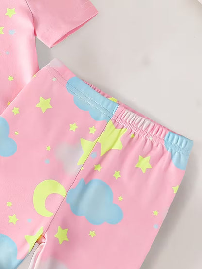 Girls Pink Bear & Moon Pajama Set – 2pcs Short Sleeve Top & Long Pants