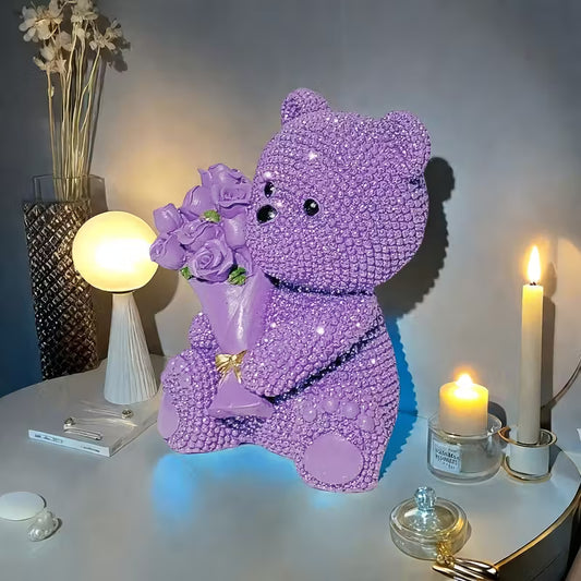 Sparkling Purple Teddy Bear with Roses – Resin Gift for Couples & Special Occasions