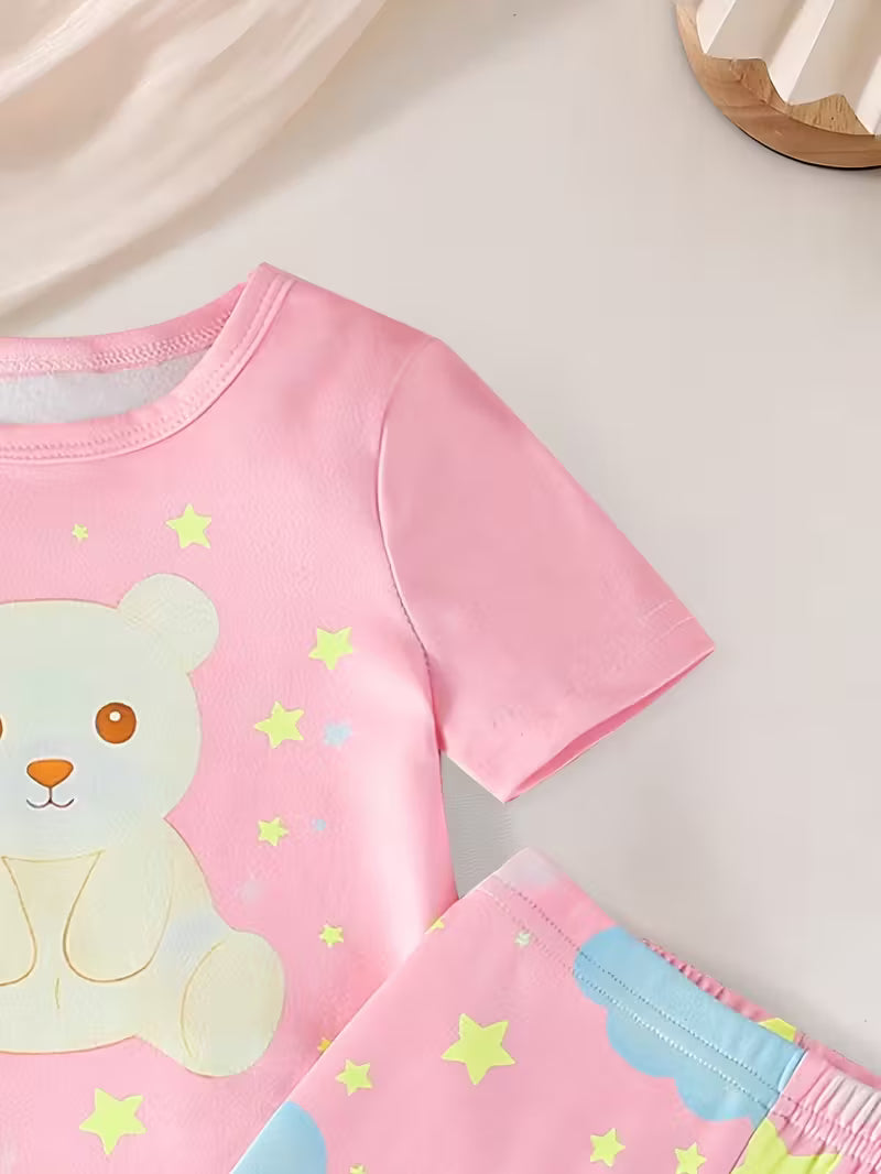 Girls Pink Bear & Moon Pajama Set – 2pcs Short Sleeve Top & Long Pants