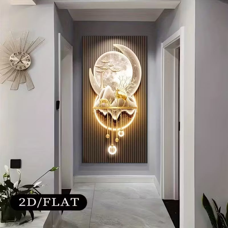 Modern Moonlit Landscape Wall Mural with Gold Accents