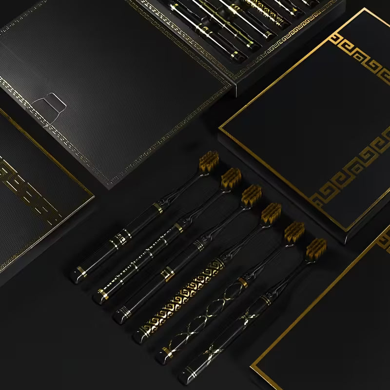 6pcs Soft-Bristle Toothbrush Set – Black & Gold Travel Gift Box Edition
