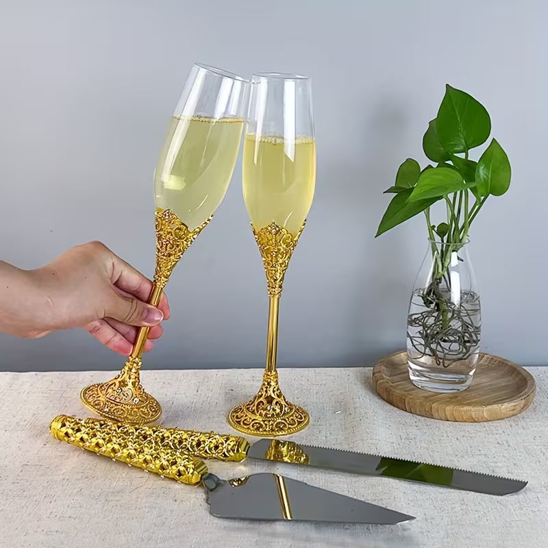 4pcs Elegant Champagne Flutes Set with Rhinestones – Reusable Wedding Glassware