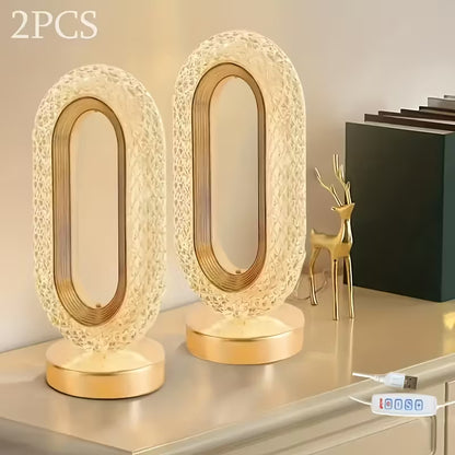 2pcs LED Acrylic Crystal Table Lamps – 3-Color Adjustable USB Ambient Night Lights