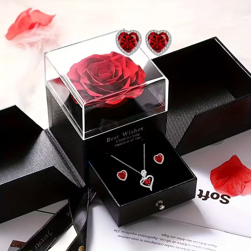 Elegant Rose Flower Gift Box Set – Heart Necklace & Earrings for Her