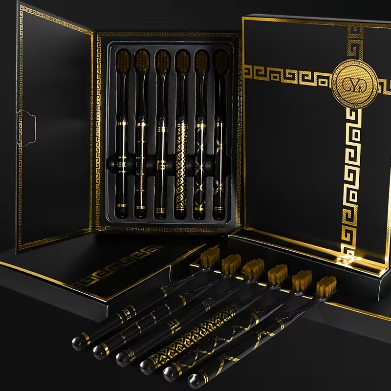 6pcs Soft-Bristle Toothbrush Set – Black & Gold Travel Gift Box Edition