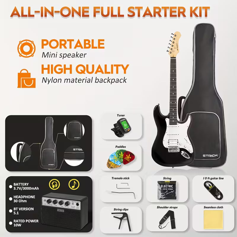 STRICH 39" Electric Guitar Kit – Full Set with Amp & Accessories (Black)