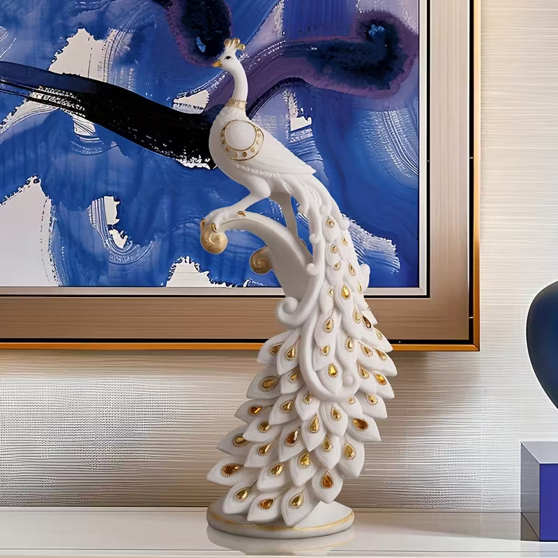 Modern White Peacock Figurine – Hand-Painted Resin Wedding & Holiday Decor