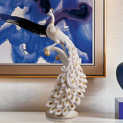 Modern White Peacock Figurine – Hand-Painted Resin Wedding & Holiday Decor