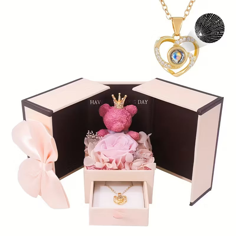 Rose Bear Gift Box with 'I Love You' Projection Pendant Necklace – Elegant Gift for Her