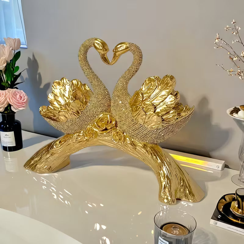 Golden Double Swan Figurine – Diamond & Rose Accented Resin Decor, Elegant Gift