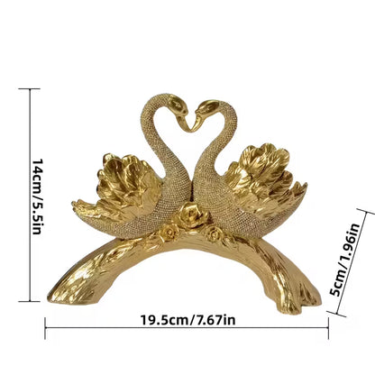 Golden Double Swan Figurine – Diamond & Rose Accented Resin Decor, Elegant Gift