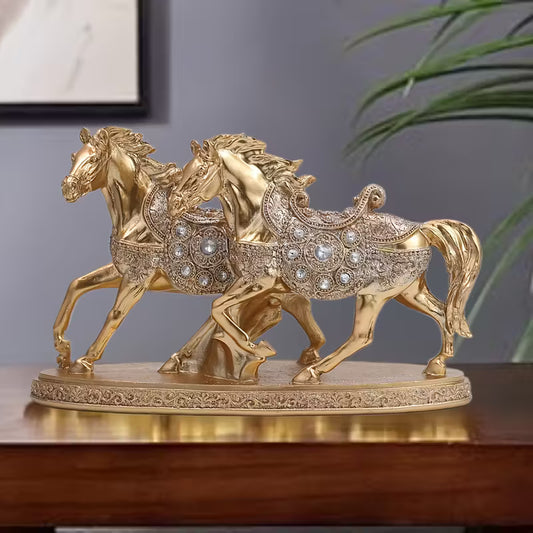 Luxury Golden Double Horse Statue – Crystal Resin Sculpture for Home & Office