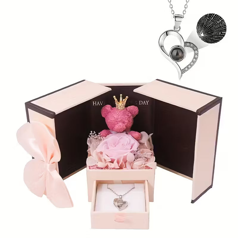 Rose Bear Gift Box with 'I Love You' Projection Pendant Necklace – Elegant Gift for Her