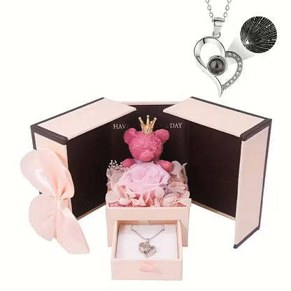 Rose Bear Gift Box with 'I Love You' Projection Pendant Necklace – Elegant Gift for Her