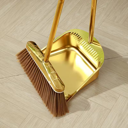 Golden Stainless Steel Broom & Dustpan Set – Upright Design with Hair Removal Feature