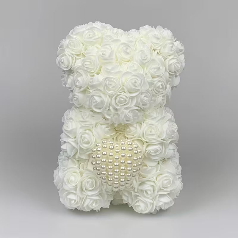 Artificial Rose Flower Bear – Pearl Heart Eternal Rose Gift (No Box)