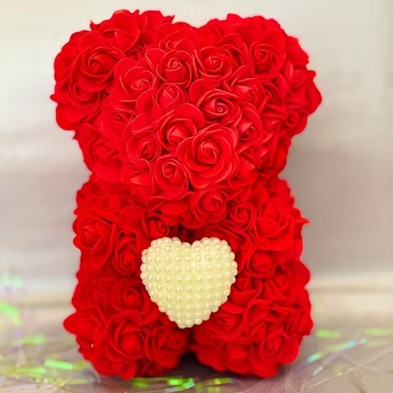 Artificial Rose Flower Bear – Pearl Heart Eternal Rose Gift (No Box)