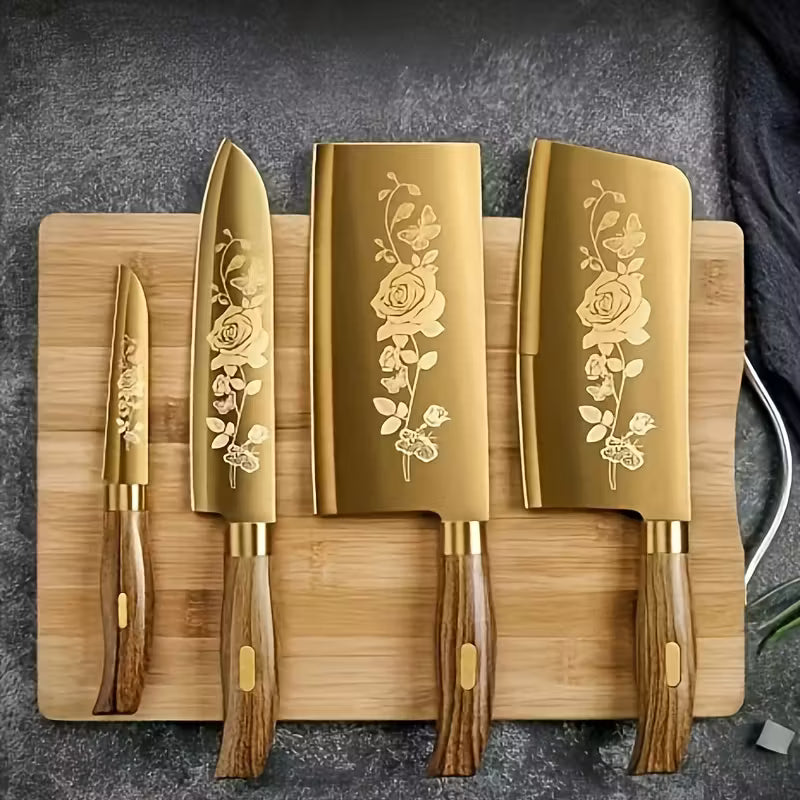 Golden Stainless Steel Kitchen Knife Set – Elegant Wood Handle & Premium Blades